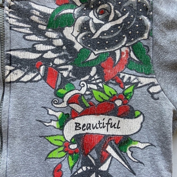ED HARDY Graphic Cropped Hoodie Sweatshirt Jacket M Embelished Grey Black READ - Picture 4 of 15